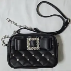 NOEMIE お嬢さんビジューリボンショルダーバッグ 黒