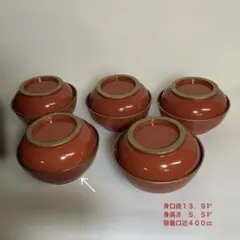 木製朱漆塗り金縁蓋付き椀５客（煮物椀や菓子椀／輪島塗り？）