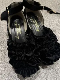 Honey salon フリル付きブラックベルベットサンダル