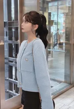 【翌日までに発送可能】GRL ニットカーディガン ショート丈 ブルー 金ボタン