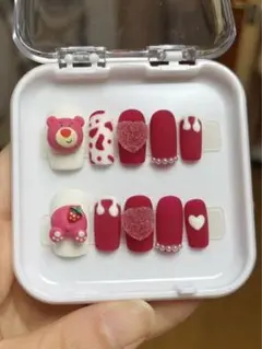 赤いクマとハートのネイルチップ10個セット