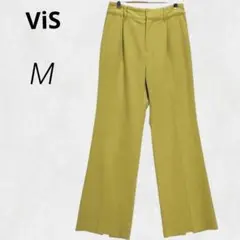 c4132【ビス】ワイドパンツ M 黄緑 ワンタック 後ろ スリット グリーン