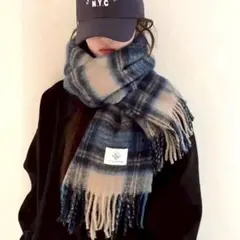 大判マフラー ショール【ブルー】チェック カシミア風　男女兼用　モフモフ　暖かい
