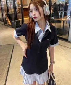 NICE CLAUP 半袖プリーツワンピース