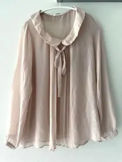 ペールピンク シフォン 長袖ブラウス リボン付き