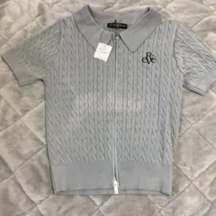 ライトグレー ケーブルニット ポロシャツ 半袖