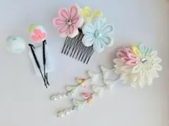 つまみ細工　髪飾り　パステルカラー　卒園式　卒業式　七五三　夏祭り