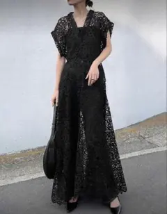 《美品》レース素材 ブラックロングドレス　インナーサロペットセット