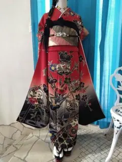 408z19☆紅型 中振袖 ちりめん 古典柄 成人式 卒業式 十三参り☆美品 正統派古典 カラシ/ブルー(青色) 紅型 個性派振袖 伝統的 ちりめん生地