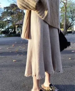 リブニットフリンジロングスカート ベージュ