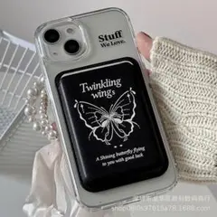 iphone15　Pro　蝶　ブラック　磁気　吸着　スマホケース　カードケース付