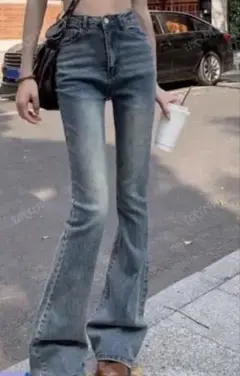ブルーデニム ハイウエスト フレアパンツ