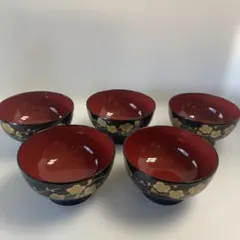 お椀　5個セット　赤×黒　金花模様　塗り
