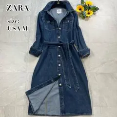 美品【ZARA】ロング デニム シャツワンピース 羽織 Aライン インディゴ M