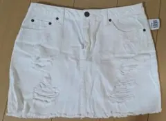 ホワイト デニム ミニスカート ディストレスト L