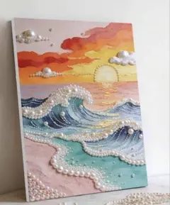 絵画 レジン 波 一点物 ピンクラグーン 貝殻 ローズクオーツ海辺 砂浜