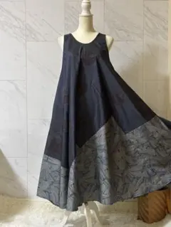 2-16大島紬リメイク　大島紬ロングワンピース　大島紬ジャンパースカート