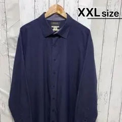 USA古着　ノーアイロンシャツ　XXL　総柄　ネイビー　コットン　カジュアル長袖