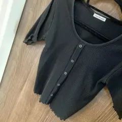 リブニット　トップス　七部丈　ブラック