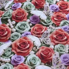 1㍍長　薔薇とパールに舞うキラキラ蝶々柄の綿シーチングプリント生地ハギレ布