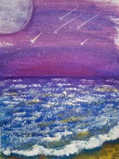 幻想的な海の風景画 星空 オイルパステル画原画 ハガキサイズ 絵画