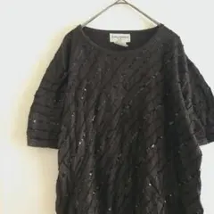 ニット 半袖トップス ブラウン ビーズ レディース【L】ヴィンテージ 古着