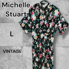 USA製 ヴィンテージ Michelle Stuart 花柄 ワンピース 黒 L