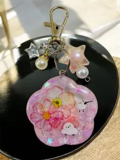 め*マ様 シマエナガとお花のシャカシャカキーホルダー　レジン
