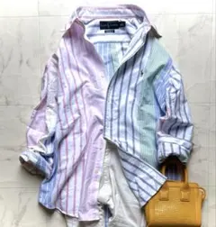 極美品　ラルフローレン　シャツ　ボタンダウン　ブルー　ストライプ　ポニー刺繍