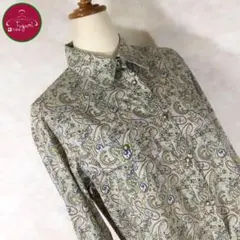 日本製 ブラウス 総柄 ペイズリー ポケット スナップ ボタン 古着 くすみ色