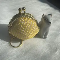 イエロー ビーズ がま口 小型 キーチェーン付き