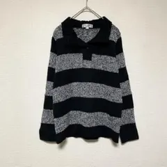 qq425 LULUAN/襟付きボーダー長袖ニット/トップス/黒杢グレー