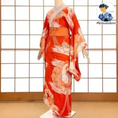 長襦袢 正絹 刺繍 花鳥柄 朱赤 アンティーク着物 A-1522