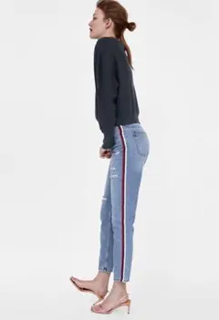 新品☆ZARA ザラ サイドライン入りデニムパンツ M. Blue