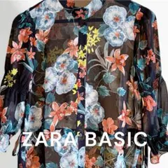 【ZARA BASIC 】シャツワンピース花柄シースルー七分袖バンドカラー