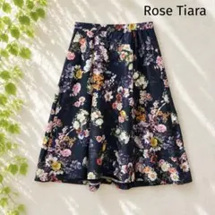 【ローズティアラ】美品✨花柄ミモレ丈フレアスカート46 紺 総柄 大きいサイズのサムネイル