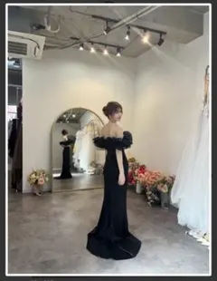 チュールショルダー ソフトマーメイドドレス ブラック　ドレスインナーセット