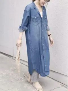 Wranglerノーカラーデニムシャツロングワンピース　Fサイズ