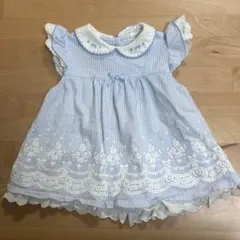マザウェイズ　ベビー服　ワンピース　フリル袖の青白ストライプワンピース