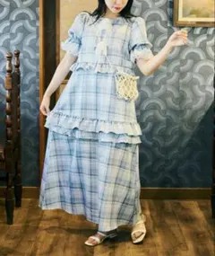 【クティールとレトロ】レースリボンチェックフリルワンピース
