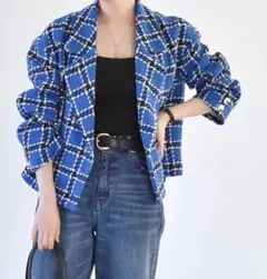 quaranciel ꫂ&nbsp;ၴႅၴ‪ ブルー ツイード チェック テーラード ジャケット