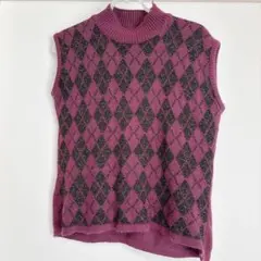 アーガイル柄 パープル ニット ノースリーブ ラメ入り【M】相当 海外古着