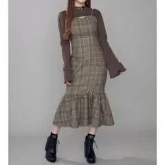 EATME カットアウト　マーメイド　ワンピース　韓国系　チェック　ブラウン