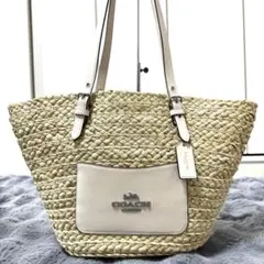 美品 coach かごバッグ トートバッグ 肩掛け ストロー レザー CJ518