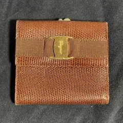 フェラガモ がま口財布 ヴァラリボン リザード型押し ヴィンテージ キャラメル