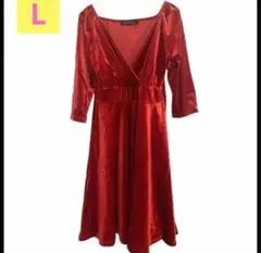 ベロア素材 ワンピース ボルドー L 相当 結婚式 お呼ばれ フレアワンピース