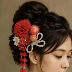 赤花飾り ヘアピンセット 振袖 花飾り 髪飾り 成人式 浴衣 七五三 つまみ細工