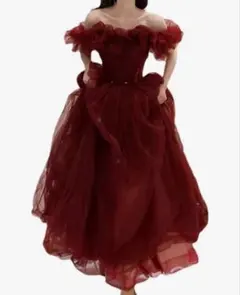 オフショルダー ワインレッド チュールドレス