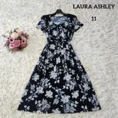 【極美品♡美シルエット】ローラアシュレイ　花柄ウエストリボンフレアワンピース　黒