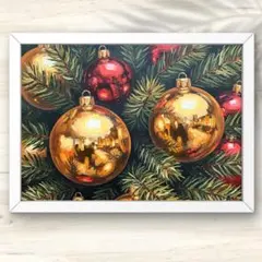 A4 ゴールドと赤のオーナメントが煌めくクリスマスの油絵アート インテリアアート